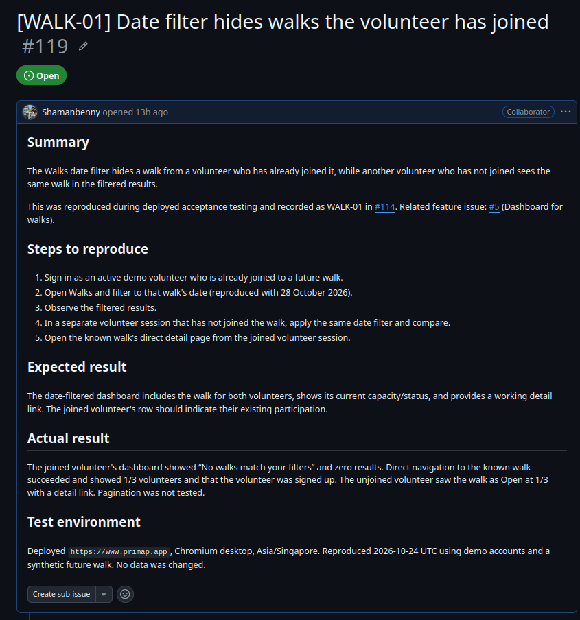 Bug report documenting the joined-walk date-filter failure with reproduction steps, expected and actual results, and test environment
