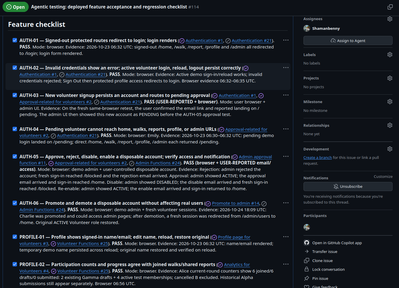 Excerpt of the acceptance checklist showing named test cases, pass statuses, and browser or user-reported evidence